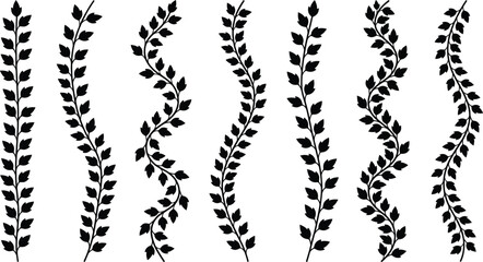 Set of decorative vine silhouettes with leaves in straight and curved patterns, botanical vector elements for floral borders, wedding décor, garden designs, and elegant nature illustration projects. © Mst Jotsna