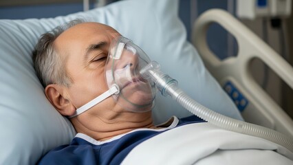Man in hospital bed receiving oxygen therapy during treatment
