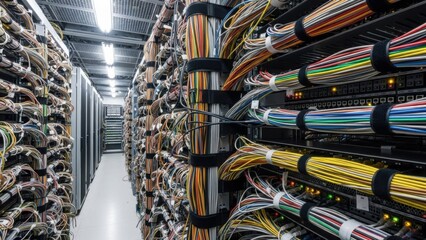 Data center server room with network cables and equipment.