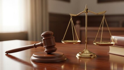 Legal Justice - Gavel and Scales of Balance on Wooden Table.