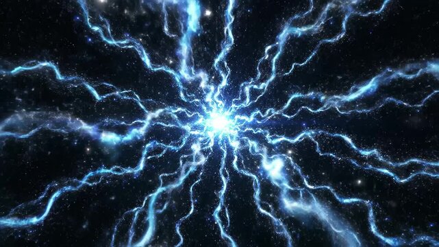 Abstract blue energy burst in deep space with starfield and lightning effects