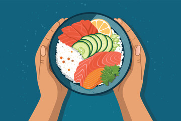 Top Down Hands Holding Sushi Chirashi Bowl