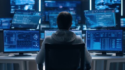 Programmer Working with Multiple Screens in Advanced Data Monitoring Control Room