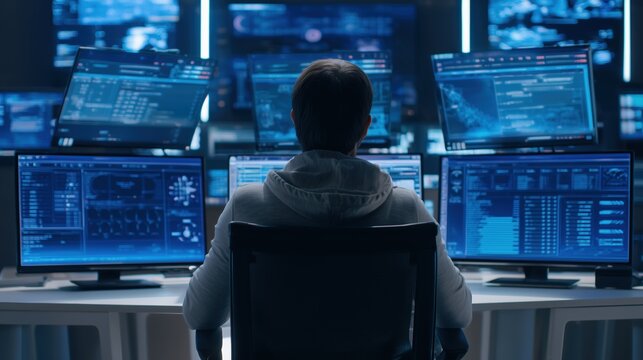 Programmer Working with Multiple Screens in Advanced Data Monitoring Control Room - Powered by Adobe
