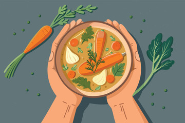 Top Down Hands Holding Vegetable Soup Bowl