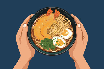 Top Down Hands Holding Udon Bowl Illustrat
