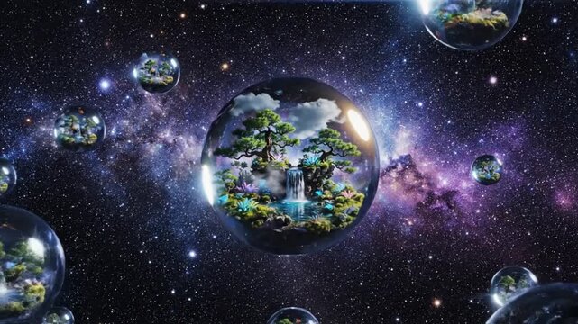 Multiverse of Worlds Floating Spheres with Nature Ecosystems in Cosmic Space