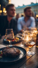 Dinner Date at Dusk: Steak, Whiskey, and Warm Social Gathering