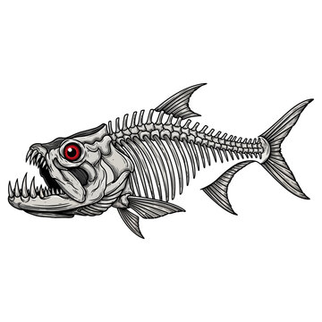 Tarpon fish skeleton vector illustration with sharp teeth and red eye isolated on white background