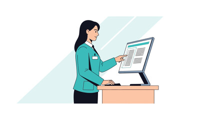 Businesswoman working on computer, pointing at screen, modern office illustration