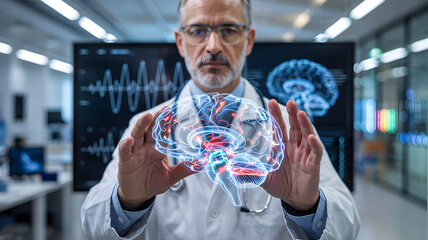 Male doctor scientist presents glowing holographic human brain model with illuminated neural activity in a bright modern medical research laboratory