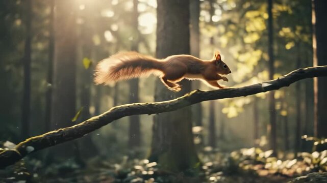 Red squirrel jumps along a mossy branch in a sunlit forest with golden morning light and bokeh background