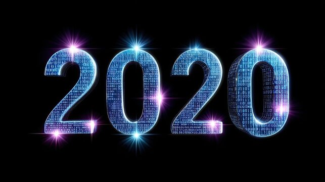 Bright Digital Numbers Illustrating Transition into 2020 with Binary Code Elements on a Dark Background for Modern New Year Celebrations and Greetings