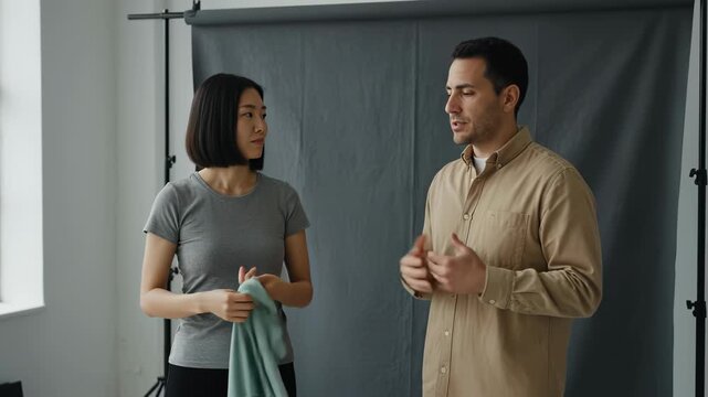 Two young creative professionals discussing fabric options against a gray backdrop in a photography studio during a fashion production process - Powered by Adobe