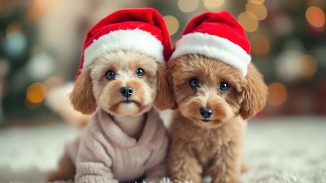 Two adorable poodle mix puppies sitting together wearing red Santa hats and a cozy sweater with festive bokeh lights for Christmas holiday pets concept and winter joy