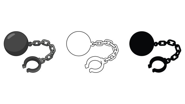 A set of three ball and chain illustrations in different styles