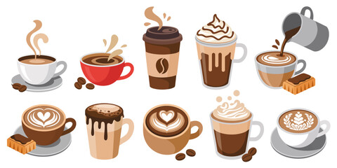 Assorted Coffee Drinks in Cups with Steam and Toppings