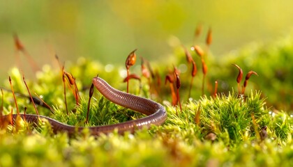 A tiny, slender invertebrate snakes along green moss, surrounded by reddish, slender sprouts with a blurred, sunlit background