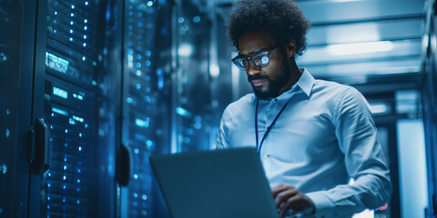 Engineer using laptop for data analysis in modern server room