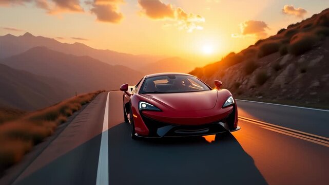 Sports car driving on a winding mountain road at sunset, scenic alpine landscape, golden light, concept of automotive marketing luxury travel 