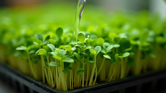 Microgreens sprouts in growing tray, nutrient-dense shoots, urban farming, superfood greens, fresh sprouts, indoor cultivation, healthy garnish, concentrated nutrition