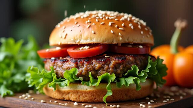 Plant-based burger patty with fresh ingredients, vegan protein, sustainable food, meat alternative, healthy choice, eco-friendly diet, cruelty-free meal, modern nutrition, green lifestyle