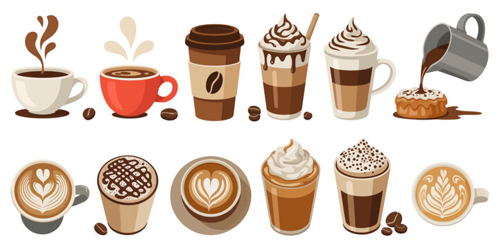 Diverse collection of delicious hot and cold coffee drinks with artistic latte art and toppings