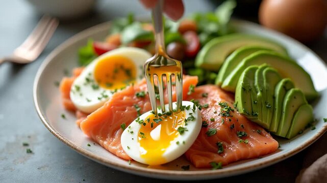 Keto meal with avocado salmon eggs, low-carb high-fat food, ketogenic diet plate, healthy fats, protein-rich meal, nutritional ketosis, weight loss diet