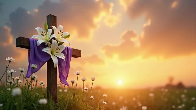 Wooden cross adorned with white Easter lilies, purple cloth draped, sunrise background, spring flowers blooming, resurrection symbol, hope and renewal
