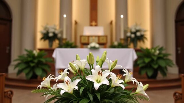 Church altar decorated with white lilies candles, purple vestments, Easter service setup, golden cross, religious ceremony, sacred celebration, holy eucharist, resurrection worship