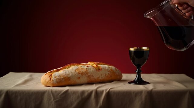 Bread and wine chalice on a cloth-draped table, Eucharist symbols for faith and resurrection, soft lighting, still life photography, high resolution, Easter religious