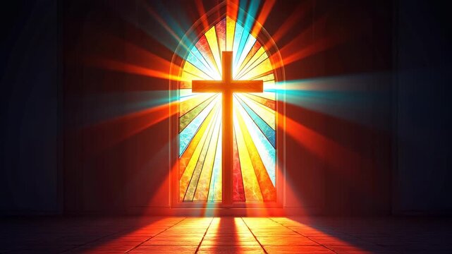Stained glass window depicting cross and light rays, church interior view, vibrant colors streaming in, faith and resurrection motif