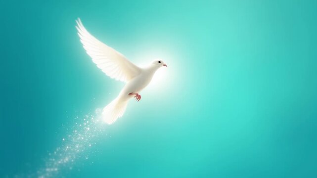Luminous white dove soaring upward with motion blur wings, trailing sparkling light particles against turquoise sky, Holy Spirit faith symbol