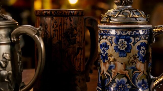 Unique metal and ceramic mugs on display in the workshop telling stories of craftsmanship and tradition