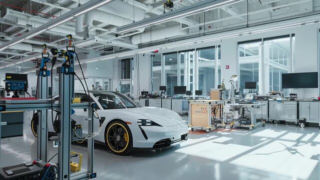 Autonomous driving technology laboratory for electric vehicles, robotic analysis equipment, uncluttered lab floor, soft shadows, balanced composition, autonomous ev industrial lab