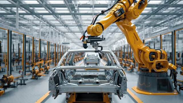 A robot is working on a car in a factory. The robot is yellow. Automated robotic arm welding electric car frame, modern clean production line, uncluttered composition, electric car robotic arm
