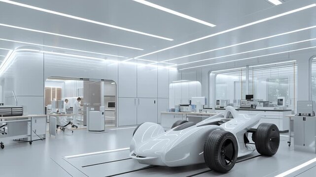 Autonomous electric vehicle testing lab interior, minimalist industrial design, self-driving sensors calibration area, clean white and soft gray color palette, autonomous ev industrial lab