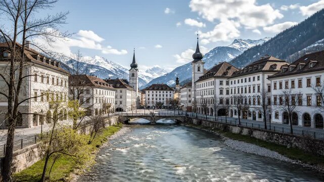 River Flows Through the City of Brunico in Italy, Surrounded by Buildings and Snow-Capped Mountains