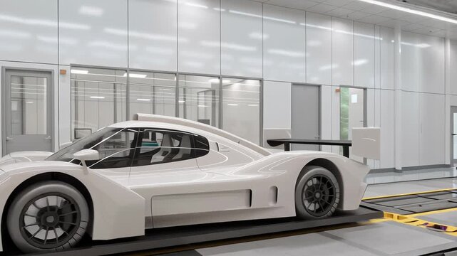 Clean industrial electric vehicle testing facility interior, prototype electric vehicle on testing platform, neutral color palette, soft white lighting, industrial ev testing facility