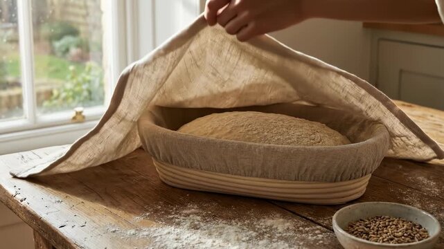 Close up of a person covering sourdough bread dough in a proofing basket with a linen cloth on a rustic wooden table in a sunlit kitchen