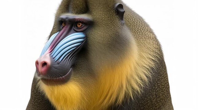 Colorful Mandrill Portrait With Blue Facial Markings, Intense Gaze, Primate Wildlife