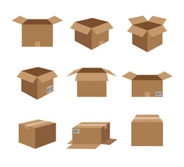 Cardboard boxes vector illustration set featuring nine brown carton boxes. Includes open and closed boxes in different angles, with front and side views in a minimal graphic style.