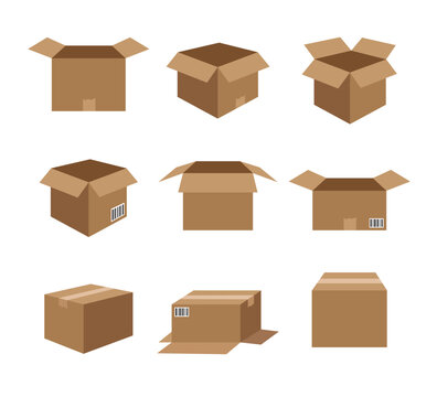 Cardboard boxes vector illustration set featuring nine brown carton boxes. Includes open and closed boxes in different angles, with front and side views in a minimal graphic style.