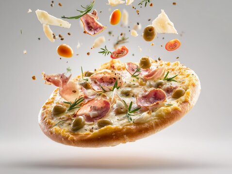pizza with bacon and olives floating isolated