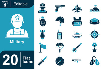 Editable military flat icon set featuring soldier, weapons, vehicles, equipment, communication, defense symbols, modern flat design, isolated vector icons for security and army themes © dhearr