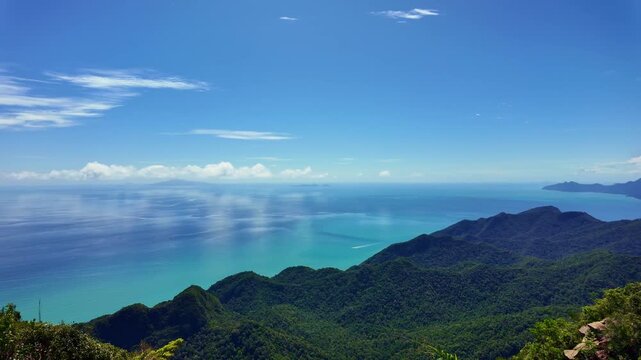 Sweeping vista from a Langkawi Skybridge platform, revealing multiple lush tropical islands scattered across the sparkling Andaman Sea under a bright summer sky