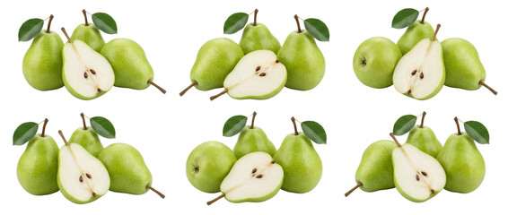 Obraz premium Ripe Green Pears Grouped Together, One Pear Halved Showing Seeds