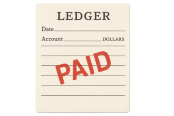 Vintage ledger record indicating full payment with a red stamp