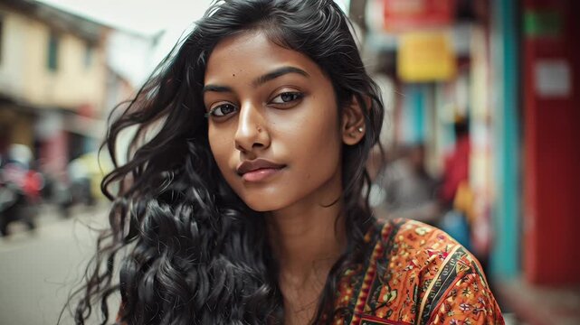 A woman with long, dark hair and a nose ring is standing. Indian woman casual street portrait, unfiltered candid style, daylight urban setting, realistic skin texture, clean composition
