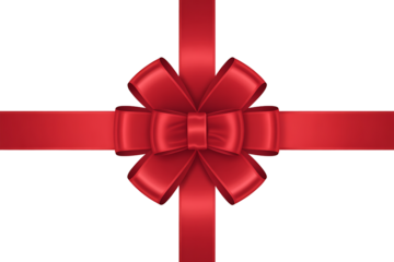 Elegant Red Gift Bow Ribbon for Celebration and Special Occasion Packaging, Shiny red ribbon tied into a decorative bow, forming a cross-wrap, ideal for gift packaging, celebrations